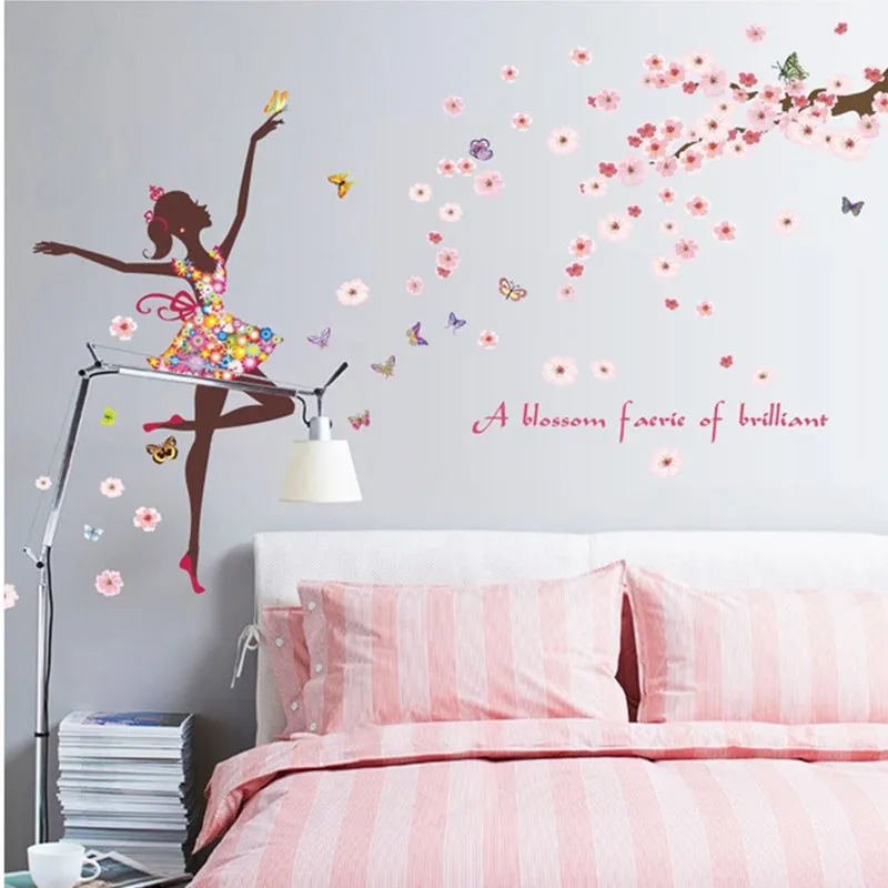 Romantic flower fairy girl Butterfly cherry tree wall sticker Creative modern style bedroom living room TV background home decor | Дом и сад
