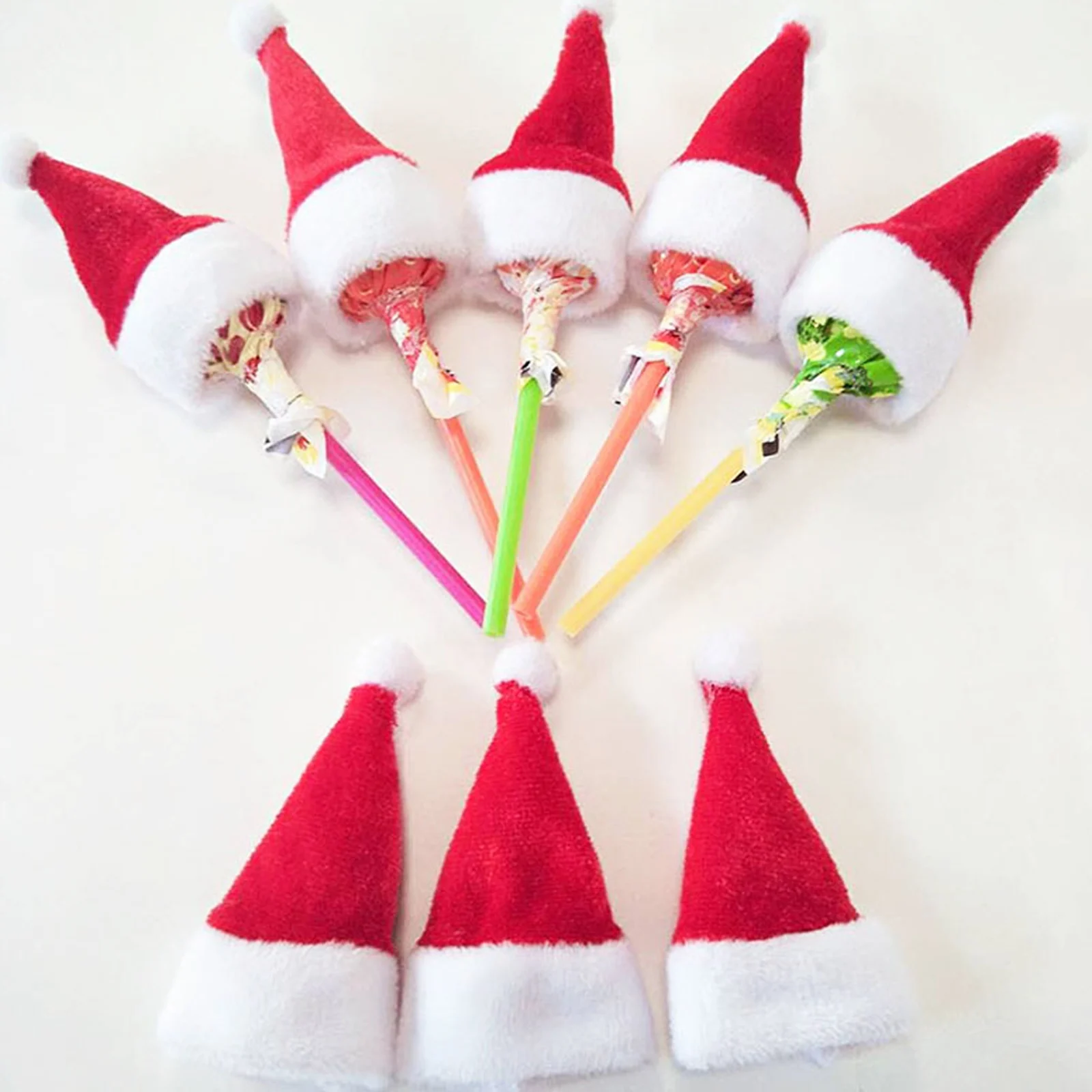 

10Pcs Santa Claus Hat Mini Christmas Hat Lollipop Top Topper Cover Hat for Xmas New Year Festival Party Holiday Decoration