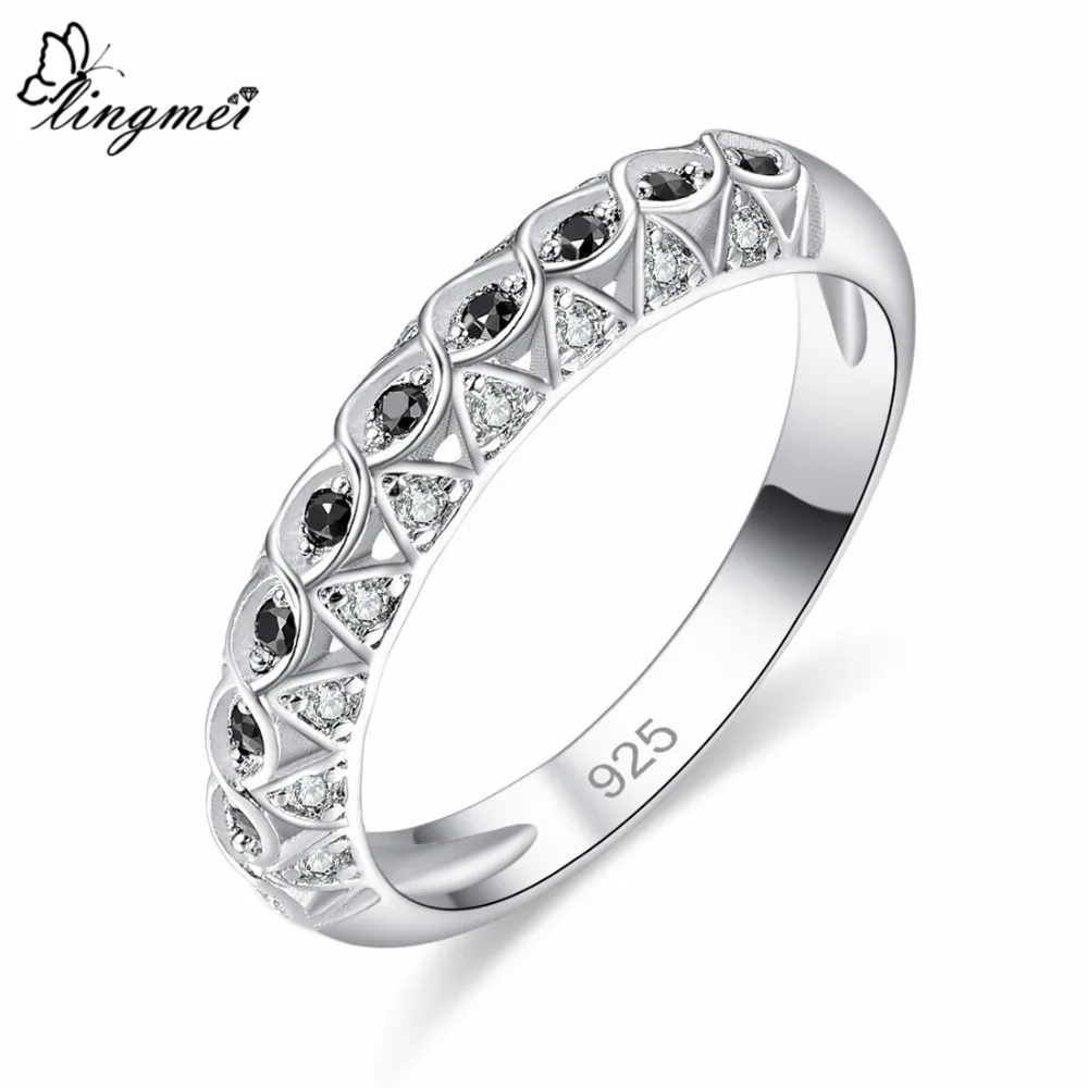Lingmei Women Trendy Hot Simple Style Wedding Rings Black Zircon Silver Color Ring Size 6 7 8 9 Cocktail Exquisite Jewelry
Lingmei Women Trendy Hot Simple Style Wedding Rings Black Zircon Silver Color Ring Size 6 7 8 9 Cocktail Exquisite Jewelry