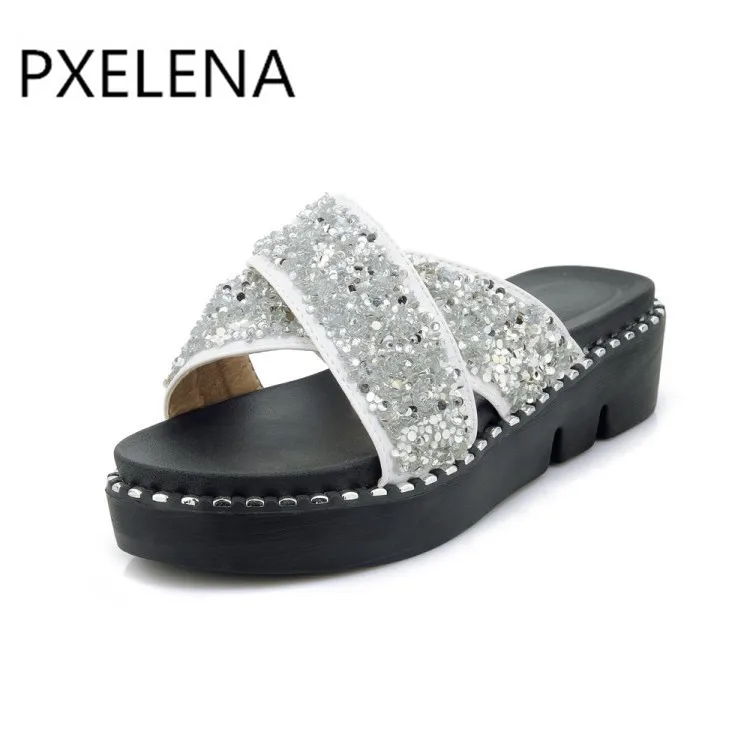 PXELENA Bling Sequined Women Slides Open Toe Flat Platform Summer Slippers Lady Shoes Fashion Outside Beach Flip Flops Hot | Обувь