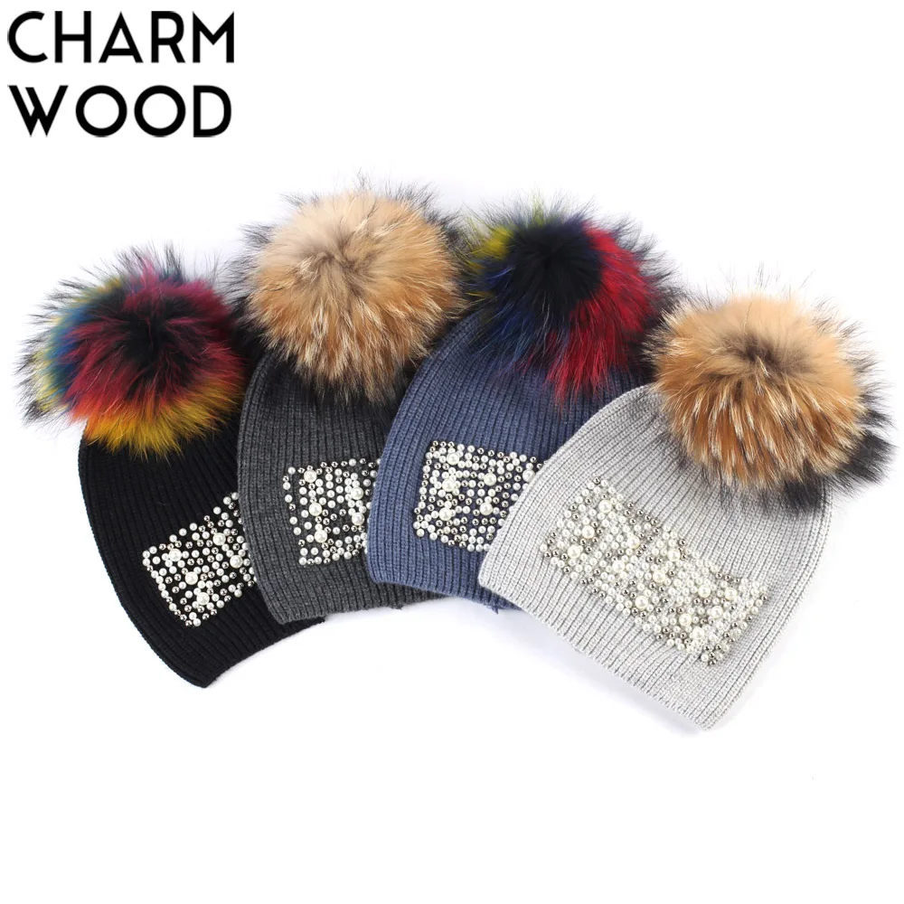 

Women's Pearl Beanie Hats with Real Fur Pompom Winter Knitted Cashmere Slouchy Beanies for Women Skullies gorros mujer invierno
