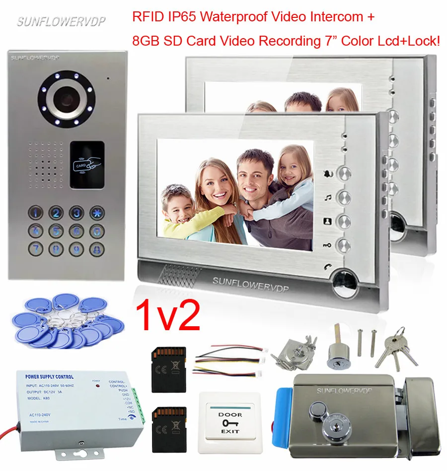 8GB SD Card Recording IP65 Waterproof Rfid Intercoms For A Private House Of 2 Apartments Home Video Phone Add Door Lock 7" Lcds |