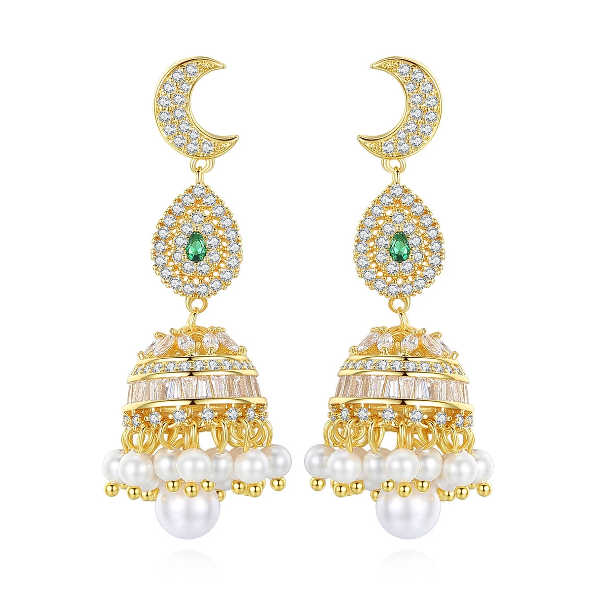 Изящные индийские серьги Jhumka маленькие гвоздики в форме Луны с фианитами для