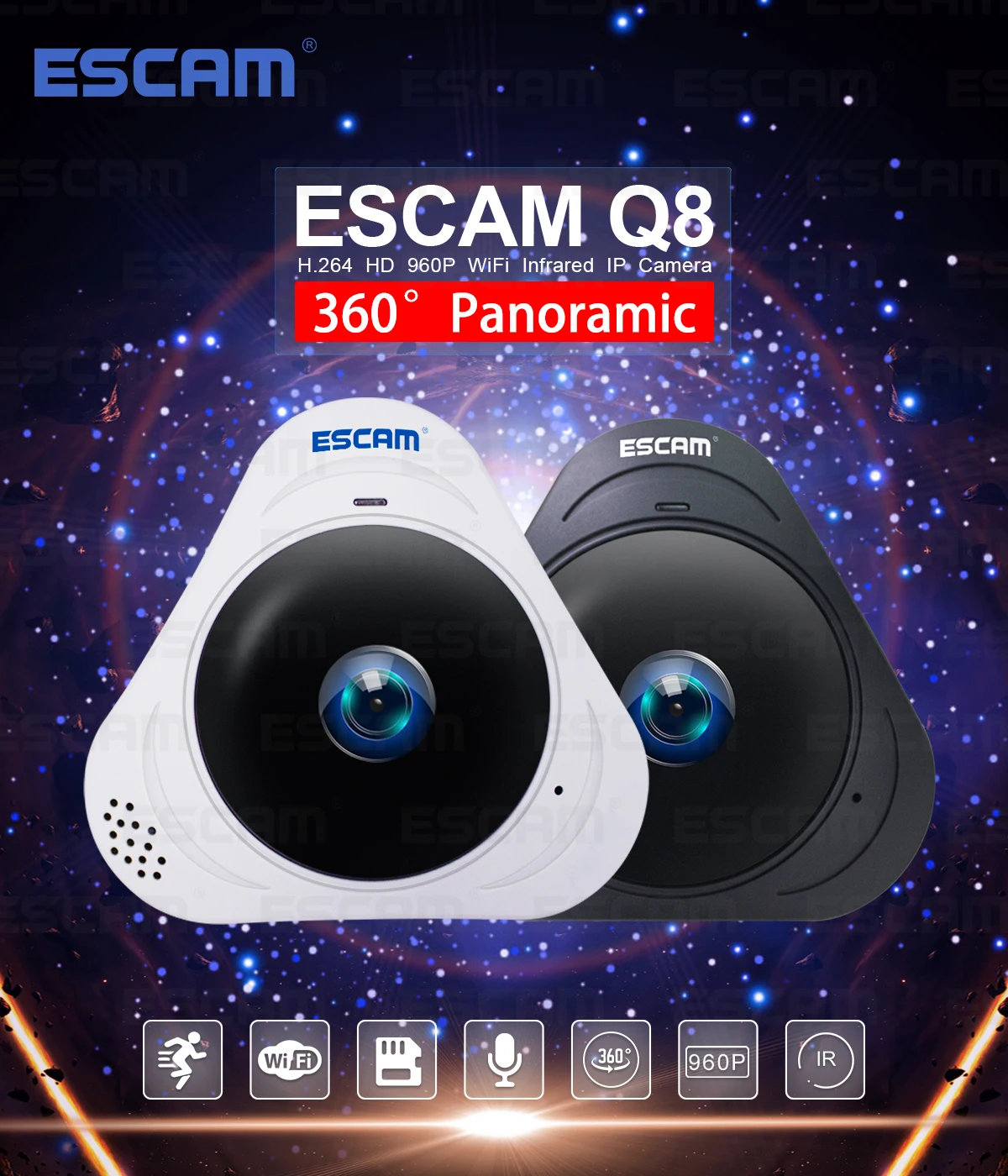 

ESCAM Q8 HD 960P 1.3MP 360 Degree Panoramic Monitor Fisheye WIFI IR Infrared Camera VR Camera With Two Way Audio/Motion Detector
