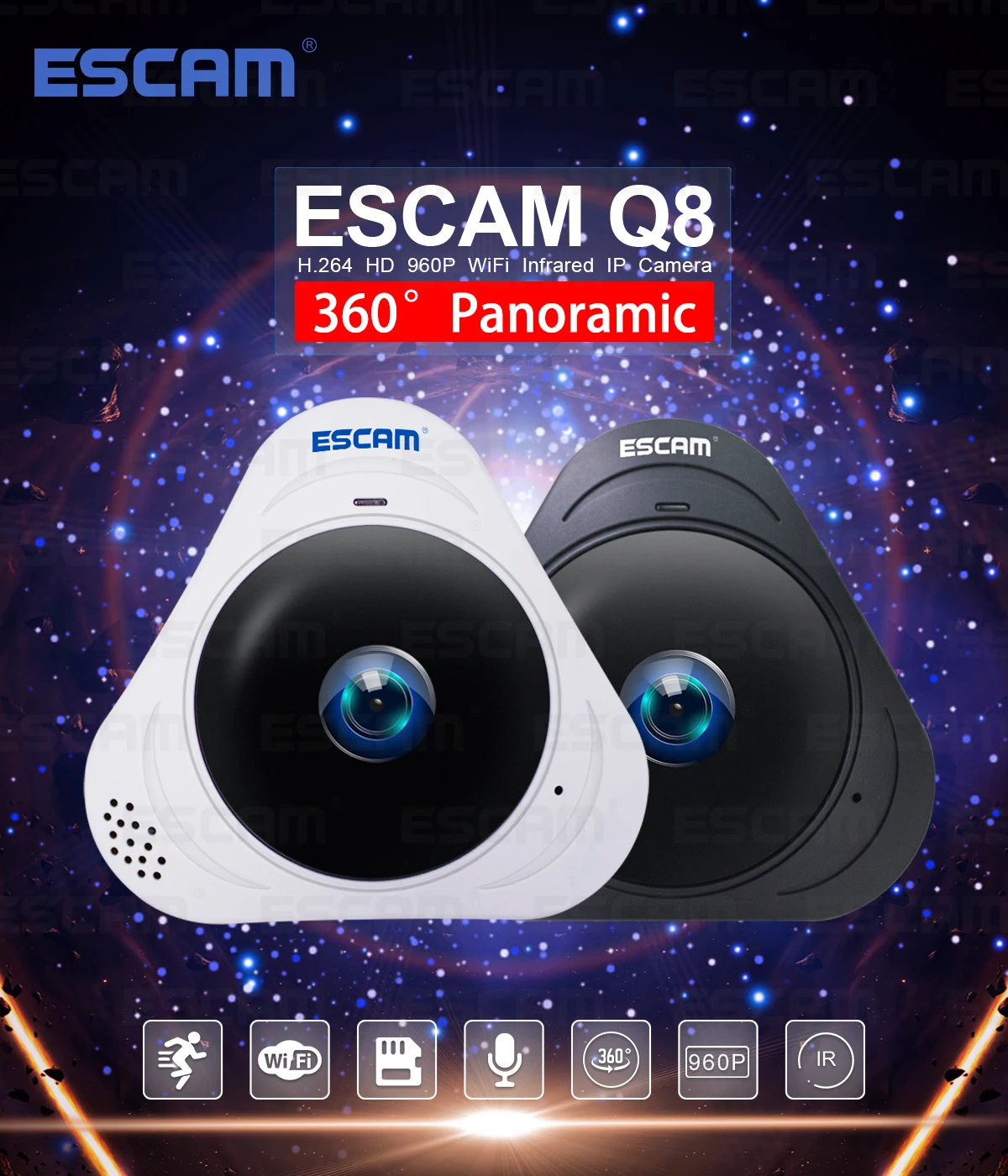 ESCAM Q8 HD 960P 1.3MP 360 Degree Panoramic Monitor Fisheye WIFI IR Infrared Camera VR Camera With Two Way Audio/Motion Detector
ESCAM Q8 HD 960P 1.3MP 360 Degree Panoramic Monitor Fisheye WIFI IR Infrared Camera VR Camera With Two Way Audio/Motion Detector