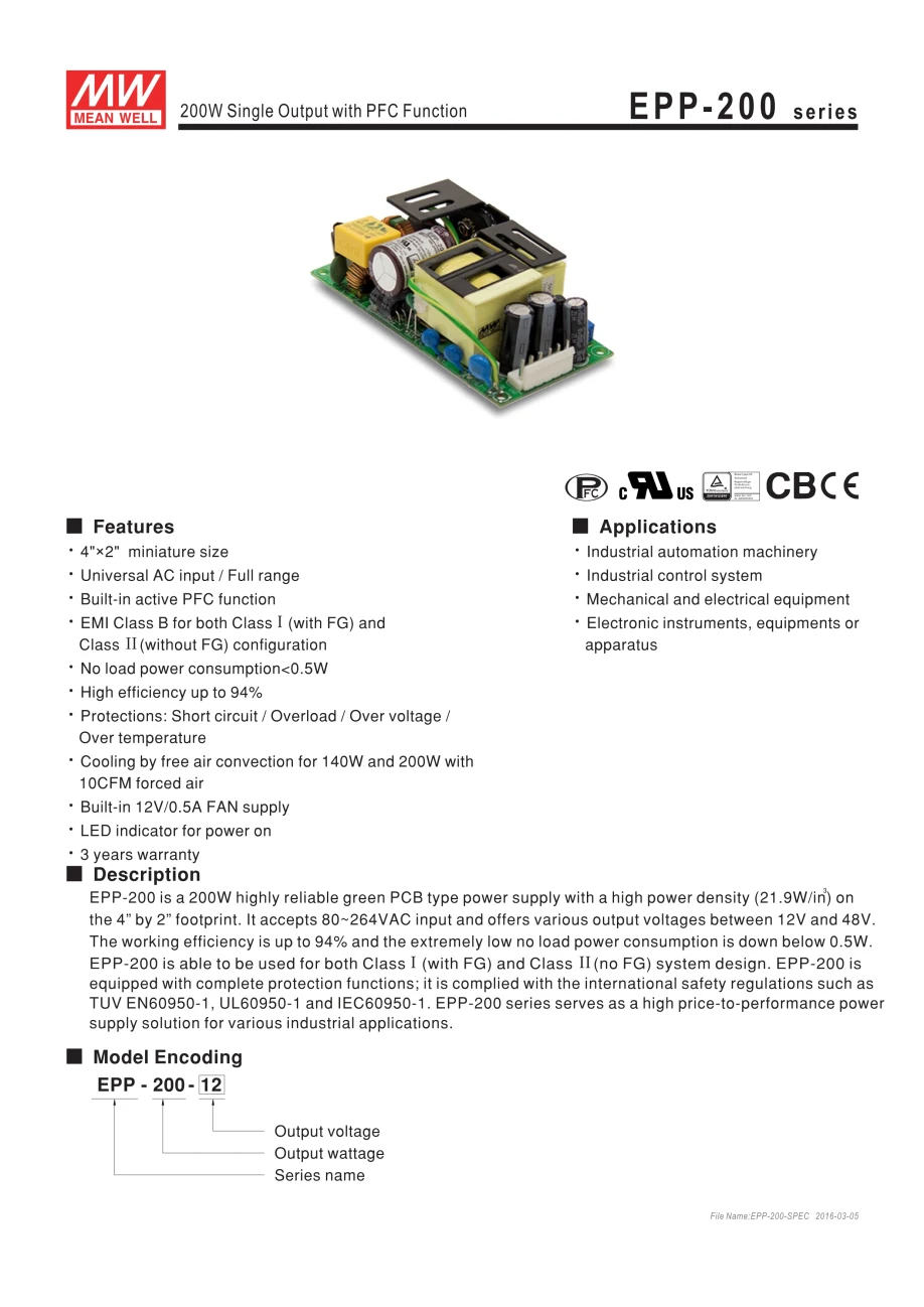Steady MEAN WELL EPP-200-48 48V 3A meanwell EPP-200 48V 144W Single Output with PFC Function
Steady MEAN WELL EPP-200-48 48V 3A meanwell EPP-200 48V 144W Single Output with PFC Function