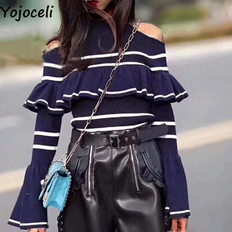 Yojoceli Cold shoulder striped ruffle knitted sweater women Autumn winter soft sweater pullover Flare sleeve chic jumper female
Yojoceli Cold shoulder striped ruffle knitted sweater women Autumn winter soft sweater pullover Flare sleeve chic jumper female