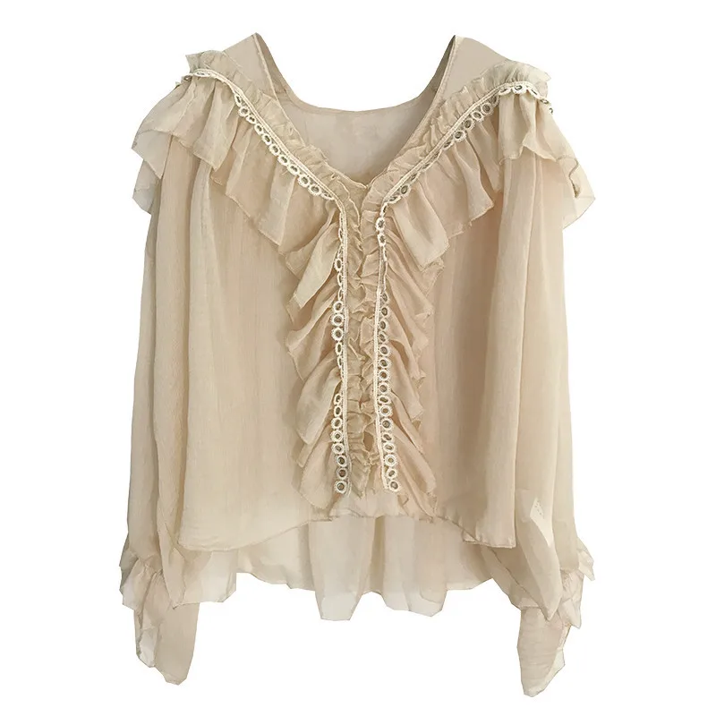 Sexy V Neck Chiffon Blouse Tops Female Flare Sleeve Perspective Ruffles Shirts For Women
Sexy V Neck Chiffon Blouse Tops Female Flare Sleeve Perspective Ruffles Shirts For Women