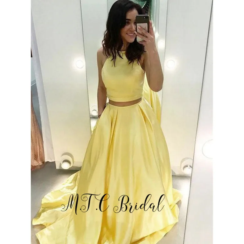 Yellow 2 Piece Prom Dresses Long Sleeveless A Line Satin High Quality Wedding Party Gowns 2019 New Arrival Robe De Soiree Cheap 
Yellow 2 Piece Prom Dresses Long Sleeveless A Line Satin High Quality Wedding Party Gowns 2019 New Arrival Robe De Soiree Cheap