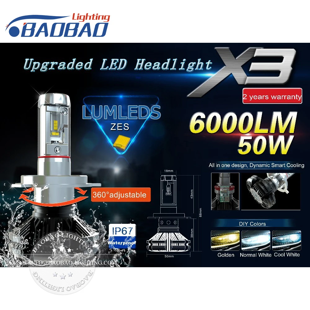 BAOBAO 2Pcs Car LED Headlight Kit X3 ZES Chips 50W 6000LM 6500K 8000K Car Headlamp H4 H7 H11 9005 9006 LED Fog Lamp Auto
BAOBAO 2Pcs Car LED Headlight Kit X3 ZES Chips 50W 6000LM 6500K 8000K Car Headlamp H4 H7 H11 9005 9006 LED Fog Lamp Auto