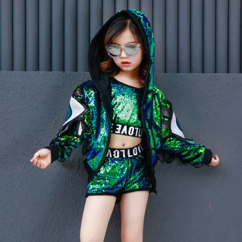 Детский танцевальный костюм с блестками для девочек в стиле джаз хип-хоп топы на