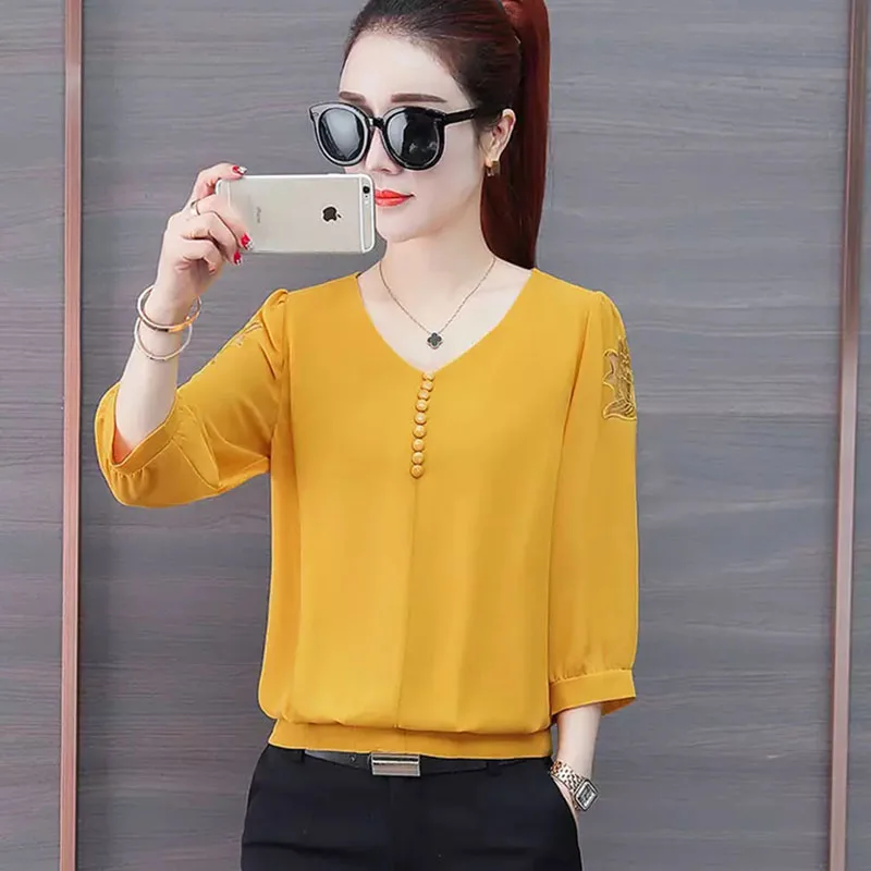 Women Spring Summer Style Chiffon Blouses Shirts Lady Causual V-Neck Yellow Red Black Blusas Tops DD2625
Women Spring Summer Style Chiffon Blouses Shirts Lady Causual V-Neck Yellow Red Black Blusas Tops DD2625