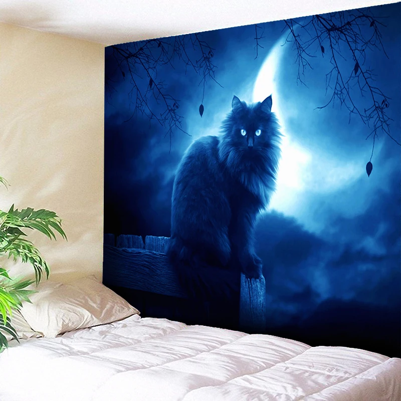 

Dark Moonlight Wall Hanging Art Night Cat Tapestry,Halloween Decorative Wall Carpets Hippie Blanket - Blue - 59 Inch * L79 Inch