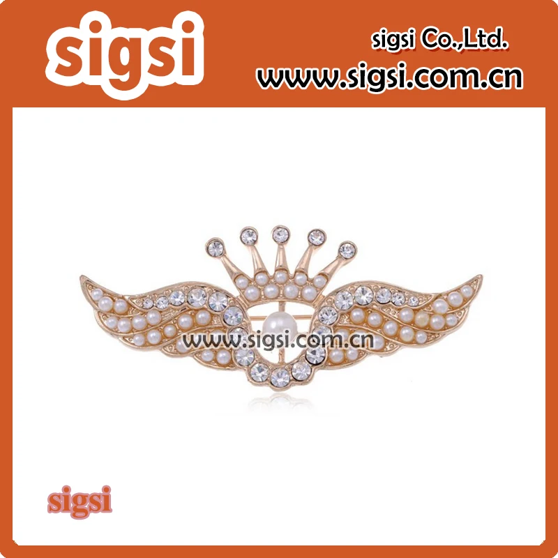 

100pcs / Lot Clear Rhinestone Pearls Crown Angel Wings Brooch Pin