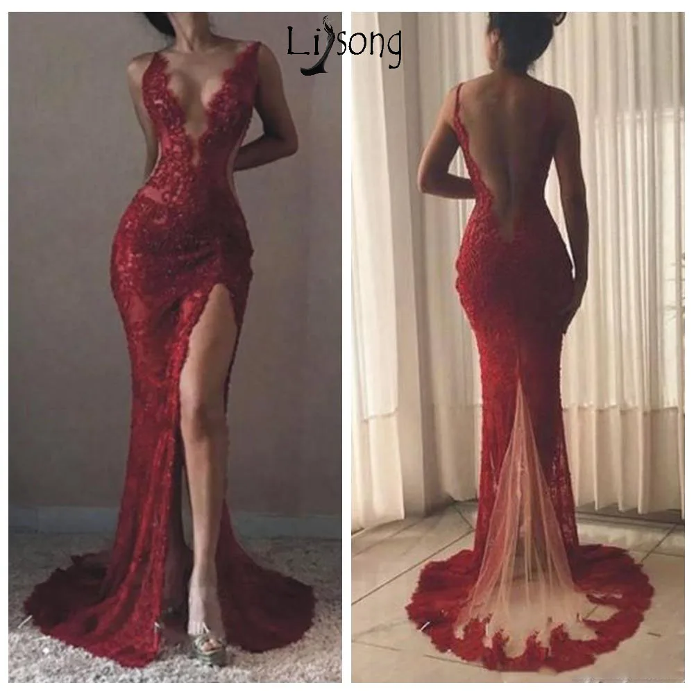 2019 Sexy Mermaid Prom Gowns Evening Party Dress Long Deep V Neck Backless Lace Appliques Tulle Side Slit Burgundy Formal Dress
2019 Sexy Mermaid Prom Gowns Evening Party Dress Long Deep V Neck Backless Lace Appliques Tulle Side Slit Burgundy Formal Dress