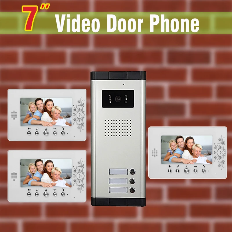 

7" Apartment Video Door Phone Intercom System Apartment Intercom System for 3 unit Apartments Video doorbell Interphone Kit