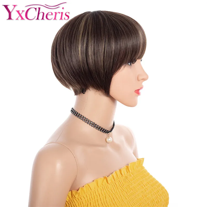 Pixie Cut Wigs Female Short Hair Wig Brown Mixed Color Heat Resistant Fiber Synthetic Straight Bob For Black Women | Шиньоны и парики
