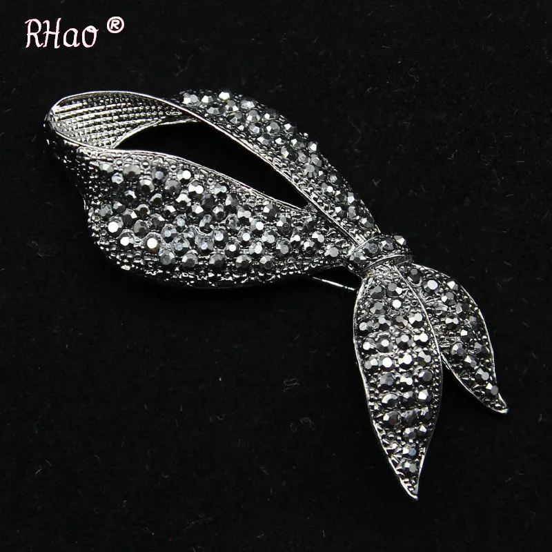 RHao Simple Black Rhinestone Bow Brooches Retro Crystal Ribbon Bowknot brooches for Women clothes hat jewelry pins corsage | Украшения и
