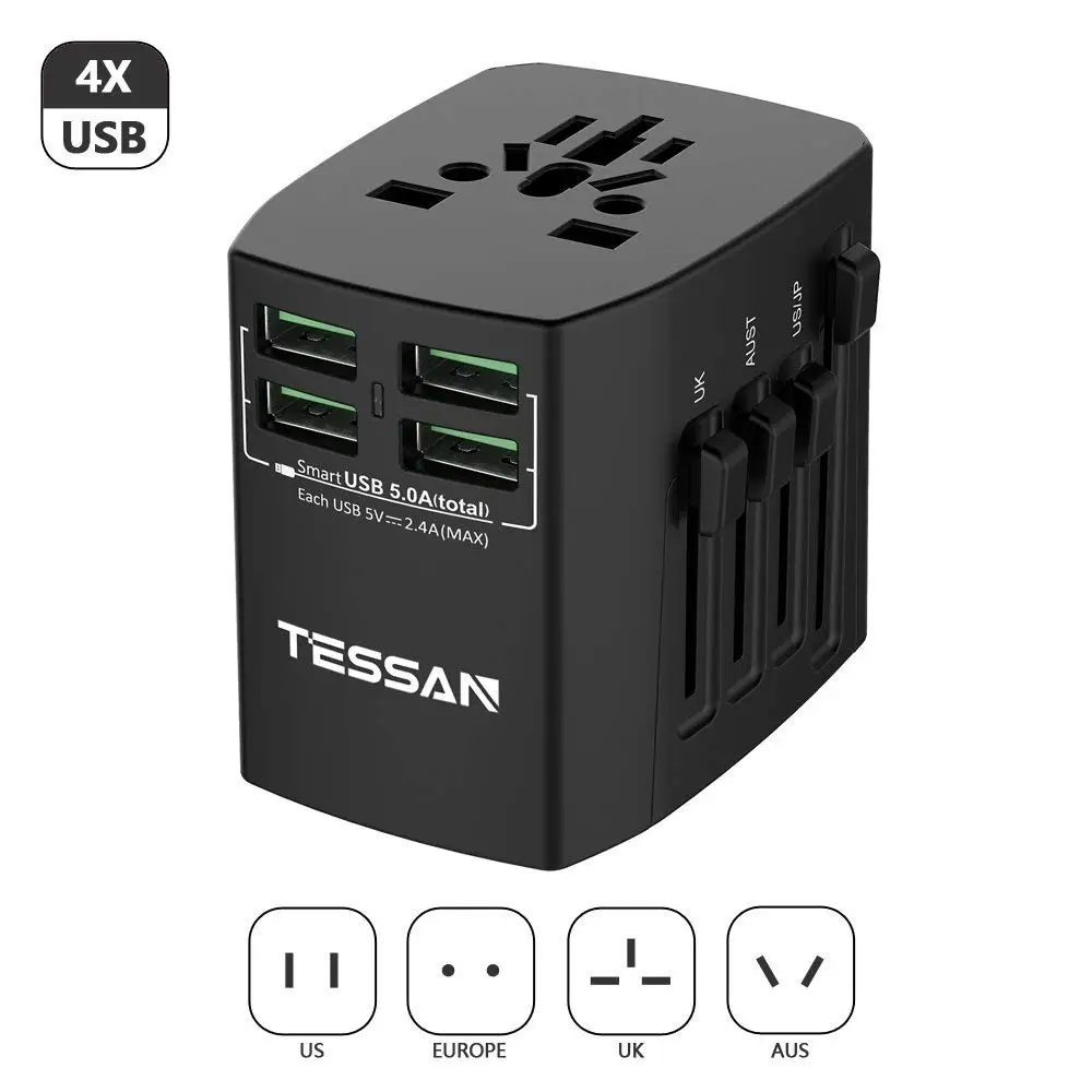 Универсальный дорожный адаптер TESSAN с 4 USB портами/3 портами переменного тока для