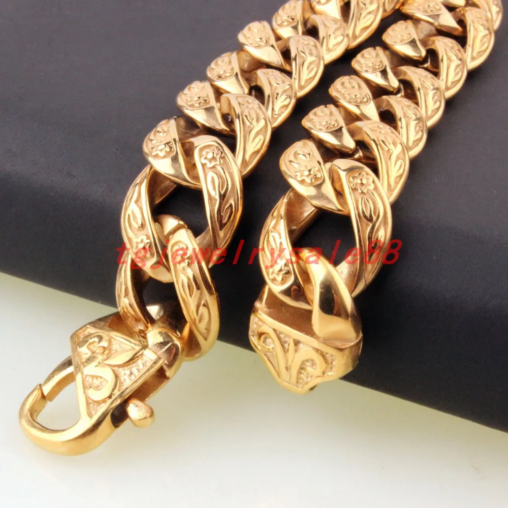 Popular Biker Men's 15mm Wide Gold Color Stainless Steel Curb Cuban Link Chain Casting Bracelet Jewelry Flower Clasp 9" | Украшения