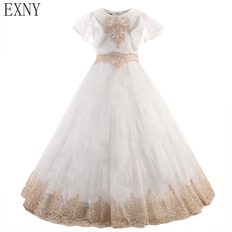 EXNY Романтический шампанское Платье с кружевными цветами для девочек свадьбы