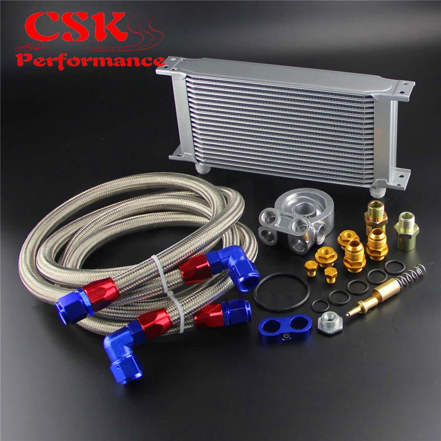 New 19 Row Engine Oil Cooler w/ 80 Deg Thermostat Plate + AN10 Oil Lines Kit Silver / Black
New 19 Row Engine Oil Cooler w/ 80 Deg Thermostat Plate + AN10 Oil Lines Kit Silver / Black