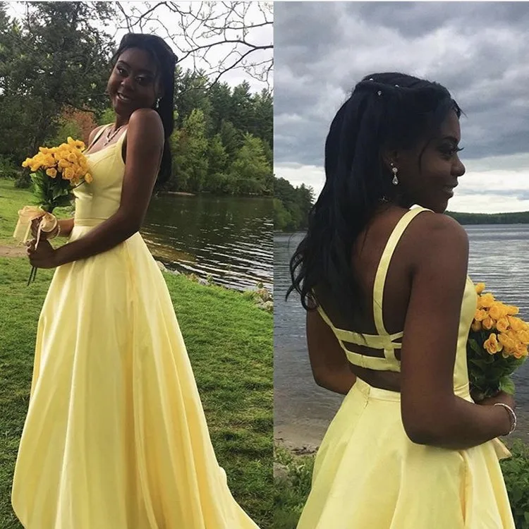 Cinderella Yellow V-Neck Straps A-Line Floor Length Sweep Train Backless Satin Evening Dresses vestidos de fiesta de noche
Cinderella Yellow V-Neck Straps A-Line Floor Length Sweep Train Backless Satin Evening Dresses vestidos de fiesta de noche