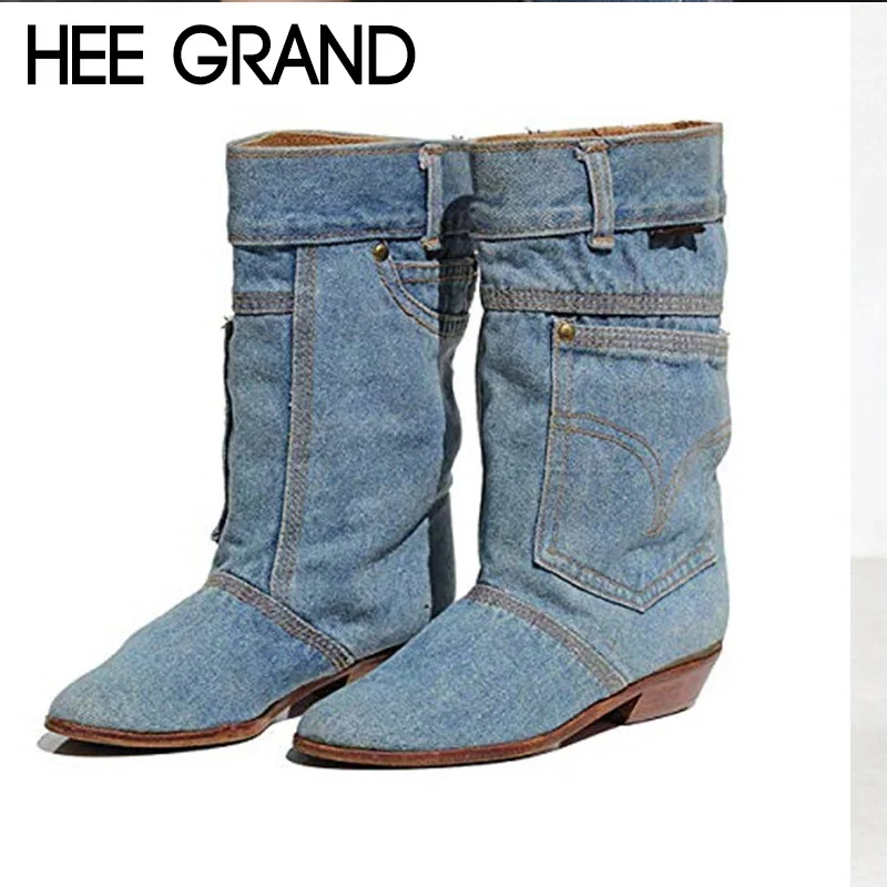 Фото HEE GRAND/женские модные ботинки из джинсовой ткани до середины икры без шнуровки(China)