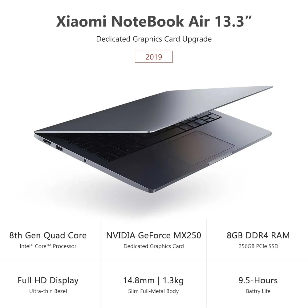Ультратонкий ноутбук Xiaomi Mi Air 13 3 "GeForce MX250 256G SSD Intel 8th Quad Core i5/i7 8GB Распознавание