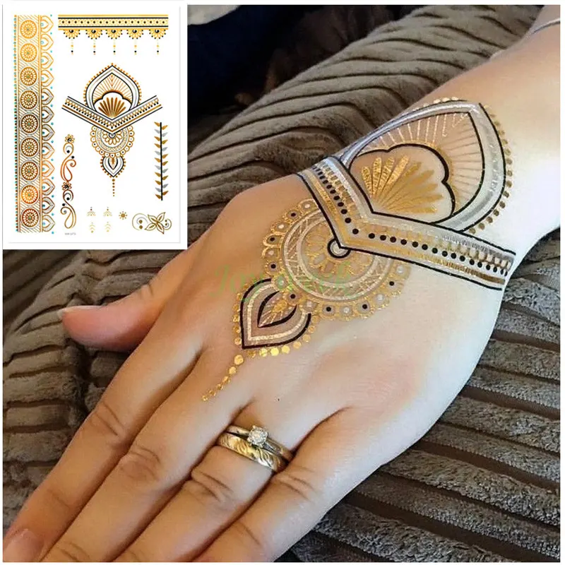 Temporary golden silver tattoos sticker Indian style tattoos hand body art flash tattoo paste makeup girl waterproof fake tattoo
Temporary golden silver tattoos sticker Indian style tattoos hand body art flash tattoo paste makeup girl waterproof fake tattoo
