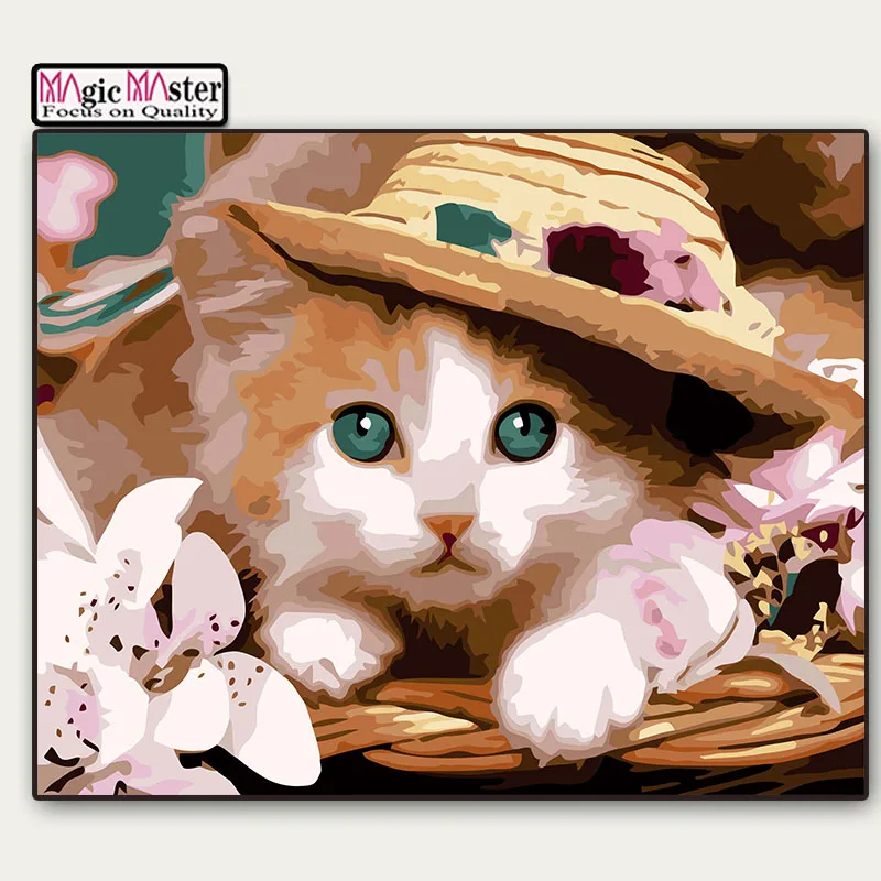 Фото Набор для рисования по номерам сделай сам оправа с животными милая кошка шляпой