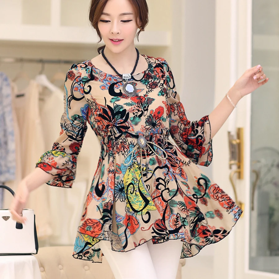 Женская шифоновая блузка Bluz Kimonos Mujer летняя в богемном стиле с цветочным принтом и