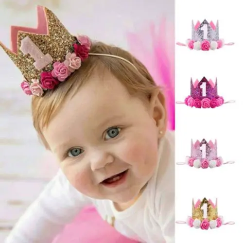 

Cute Babies Kids Baby 1st Birthday Hat Glitter Crown Flower Head Hair Band Party Headwear