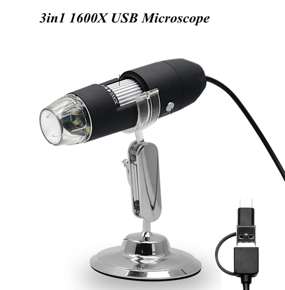 3 в 1 2MP 1080P 1600X зум USB микроскоп для ПК/Micro usb/Type C портативный ручной