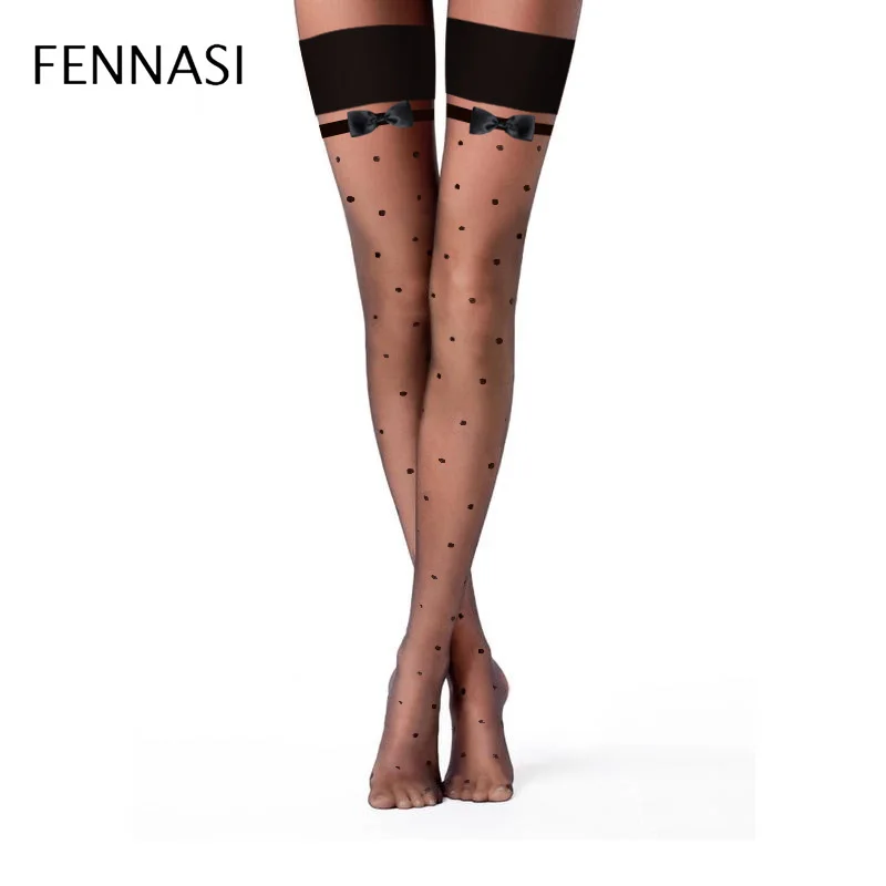 

FENNASI Polka Dot Women's Stockings Sexy Belt Bow Garters Knee High Socks Print Fishnet Thigh High Stockings Female Erotic