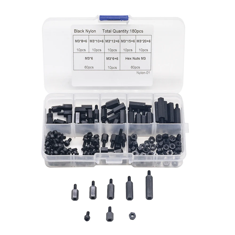 180PCS Black M3 Nylon Hex Spacers Male-Female Screws Nuts Stand-off Kit For Electronics PC Board
180PCS Black M3 Nylon Hex Spacers Male-Female Screws Nuts Stand-off Kit For Electronics PC Board
