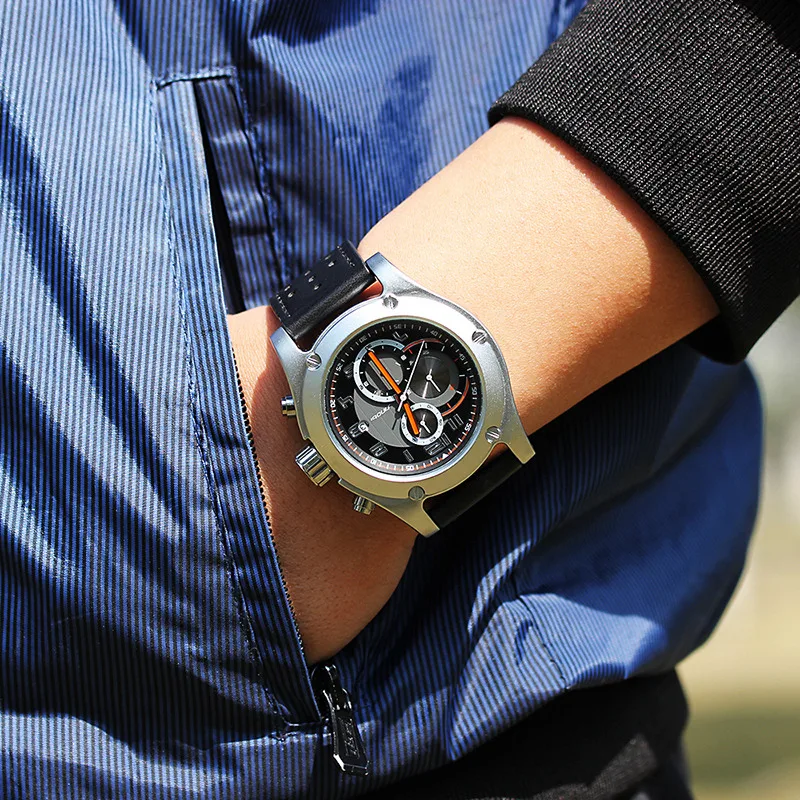 SINOBI Марка спортивные мужские часы Роскошные кожаные водонепроницаемый