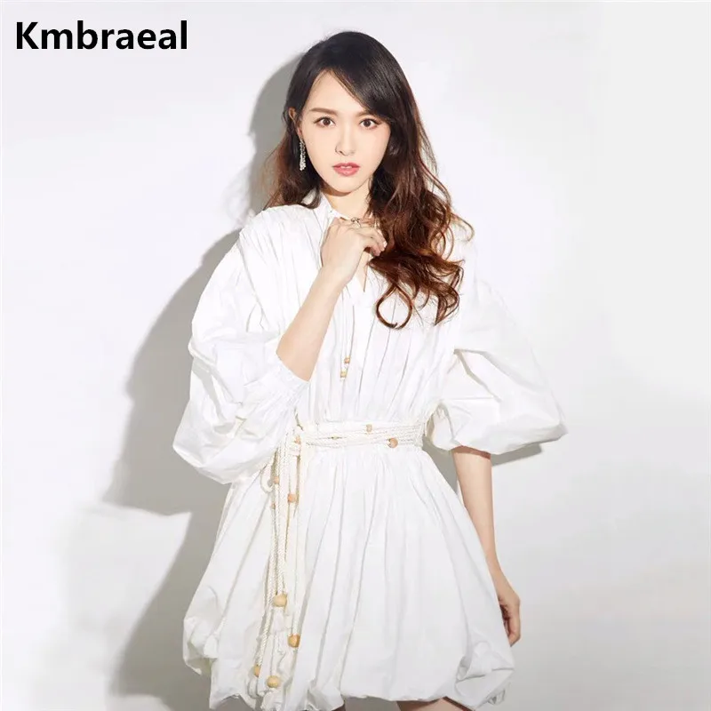 Kmbraeal Летнее белое платье с рукавами фонариками и v образным вырезом милое