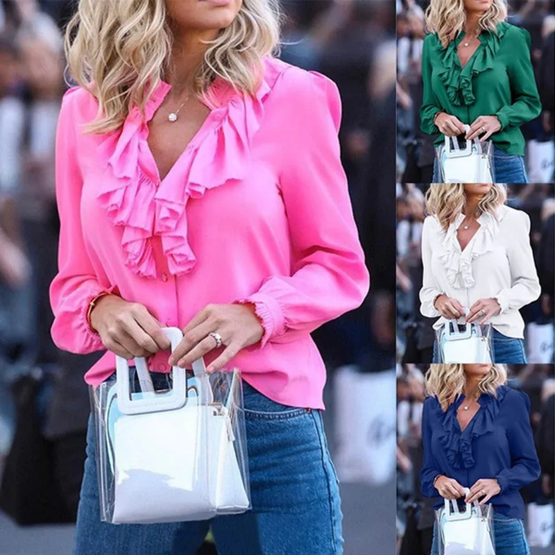 Women Summer Button Up Chiffon Shirt Female Ruffles Long Sleeve Work Shirts Elegant Blouses
Women Summer Button Up Chiffon Shirt Female Ruffles Long Sleeve Work Shirts Elegant Blouses