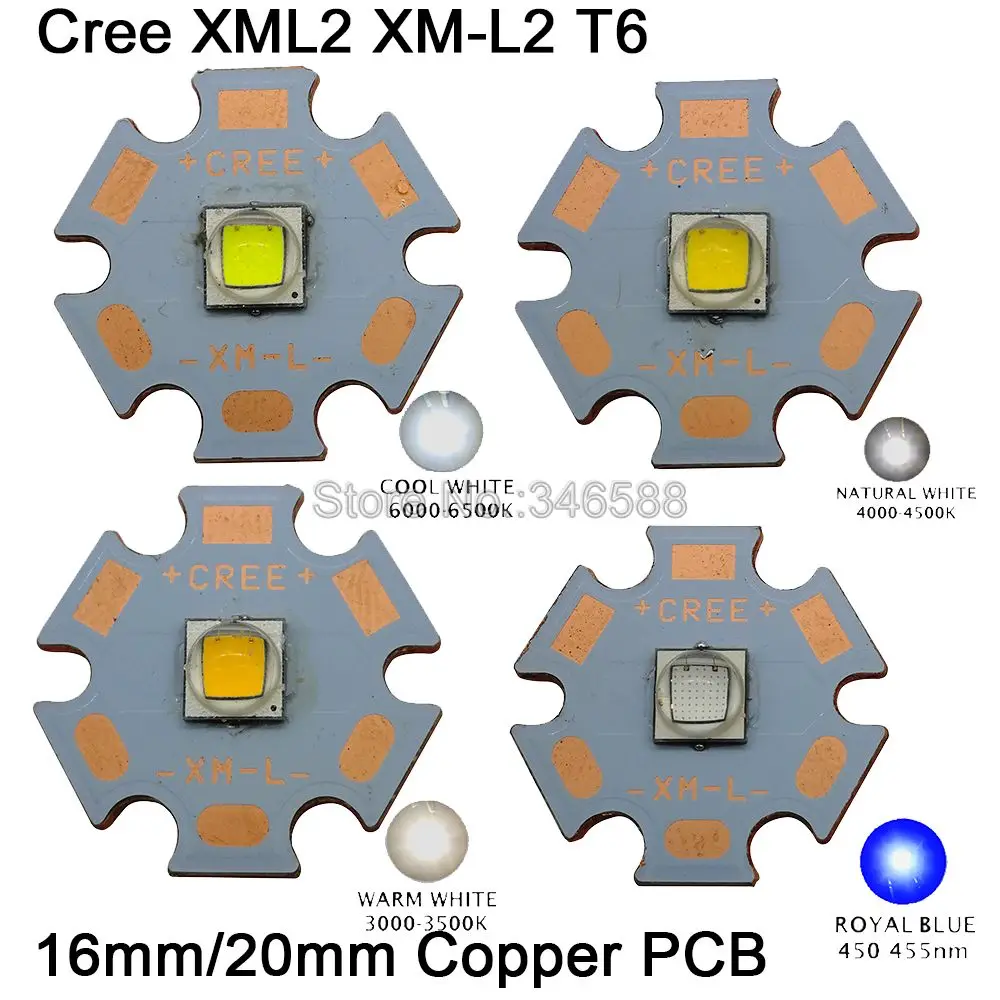

2x CREE XML2 XM-L2 L2 10W Warm White Neutral White Cool White 450nm High Power LED Emitter Lamp Light with 16mm 20mm Copper PCB