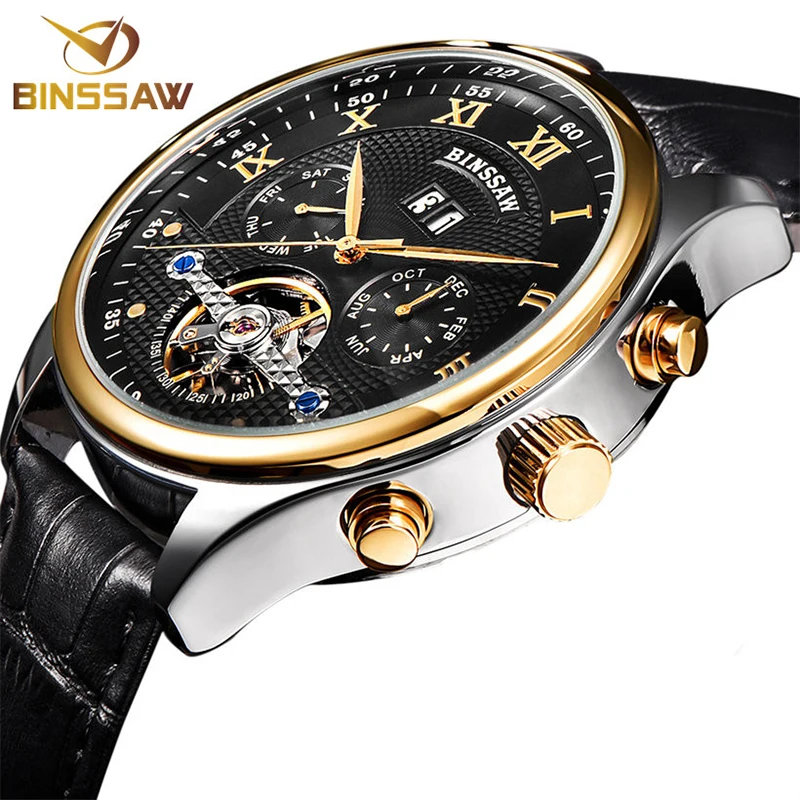 BINSSAW мужские Брендовые Часы из натуральной кожи Tourbillon Мужские автоматические