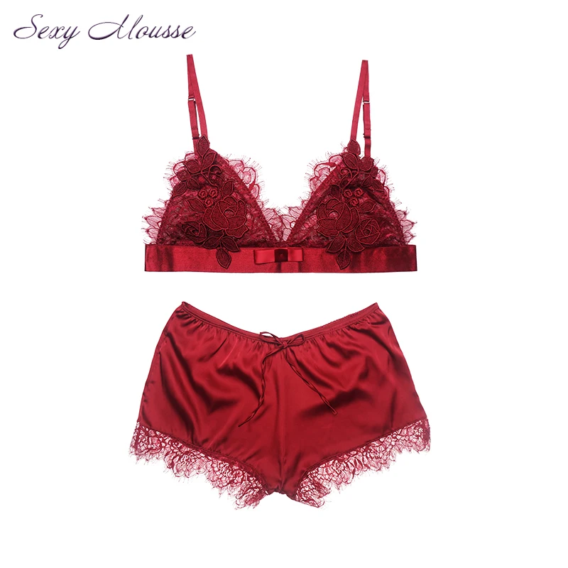 

Sexy Mousse New Unlined Plunge Strappy Mesh Lace Sexy Wireless Bras and Chic Panty Set Stain Embroidery Women Sleep Wear