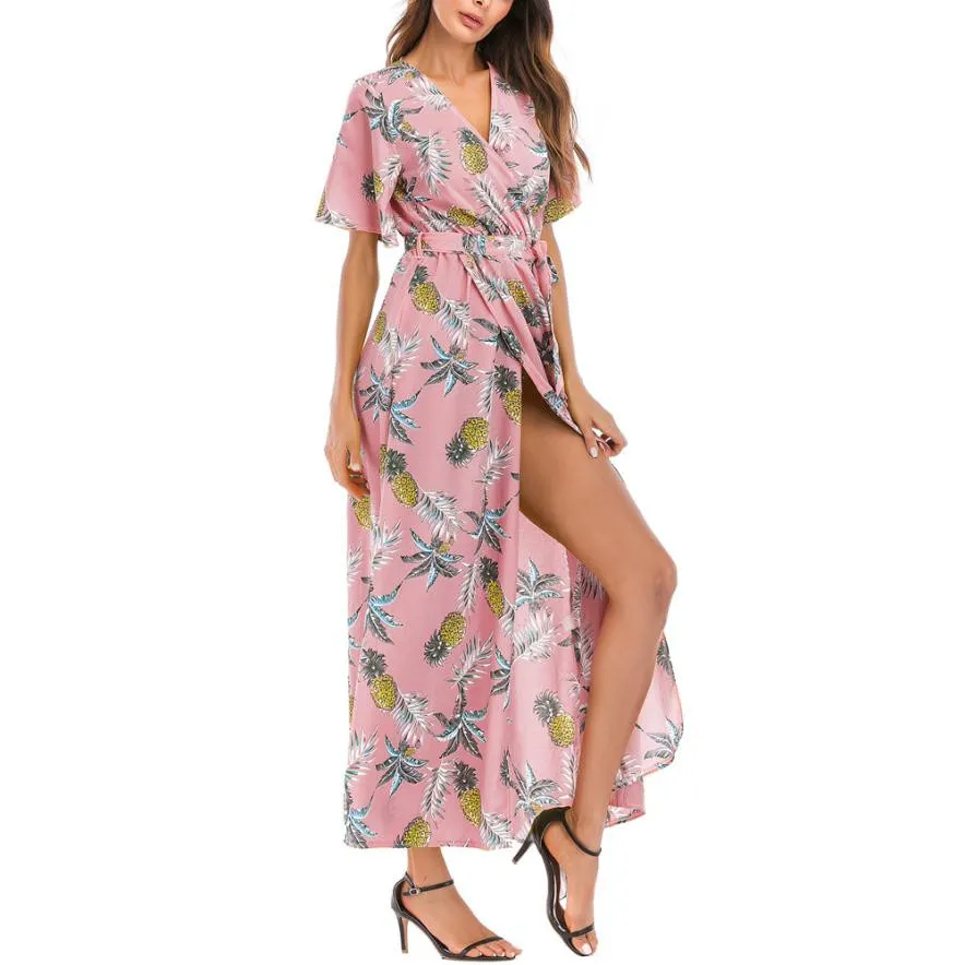 Women Dress Sexy Summer V-neck Pineapple V Neck Short Sleeve Print Beach Dress Sexy Split Long Dress Fashion