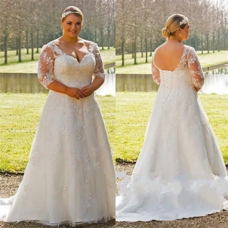 Plus Size Long Wedding Dresses 2019 New V Neck Lace Up 3/4 Long Sleeve Sweep Strain Lace Applique Wedding Gowns Bridal Dress
Plus Size Long Wedding Dresses 2019 New V Neck Lace Up 3/4 Long Sleeve Sweep Strain Lace Applique Wedding Gowns Bridal Dress