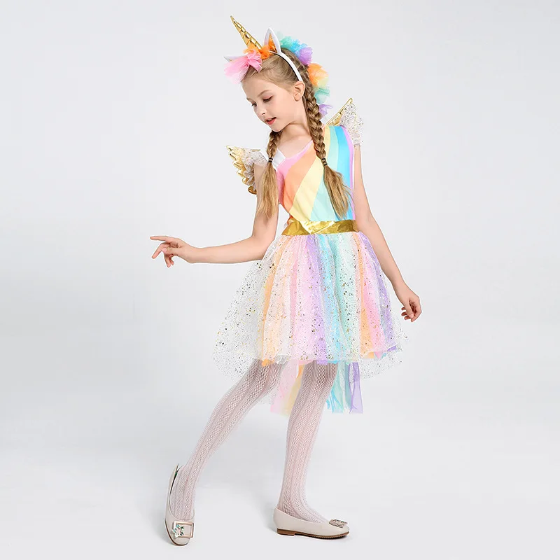 Платье для девочек Радужный Единорог вечеринки с повязкой на голову Хэллоуин