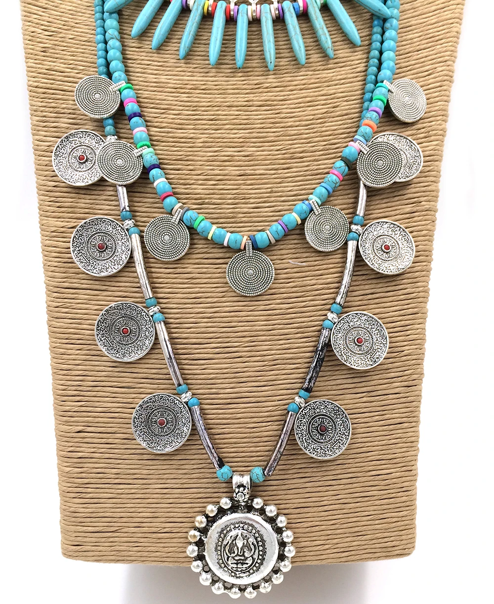 New Bohemia Boho Aqua stone beads Necklaces Tibet antique Silver coin pendant necklace Multi-Layer statement Necklaces for women
New Bohemia Boho Aqua stone beads Necklaces Tibet antique Silver coin pendant necklace Multi-Layer statement Necklaces for women