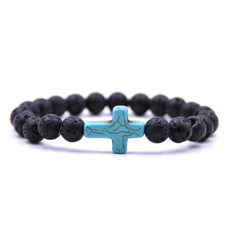 HONEYYIYI Black Lava Natural Stone Beads Bracelet Fashion Cross Charms For Women Beaded Boho Yoga Men Jewelry | Украшения и