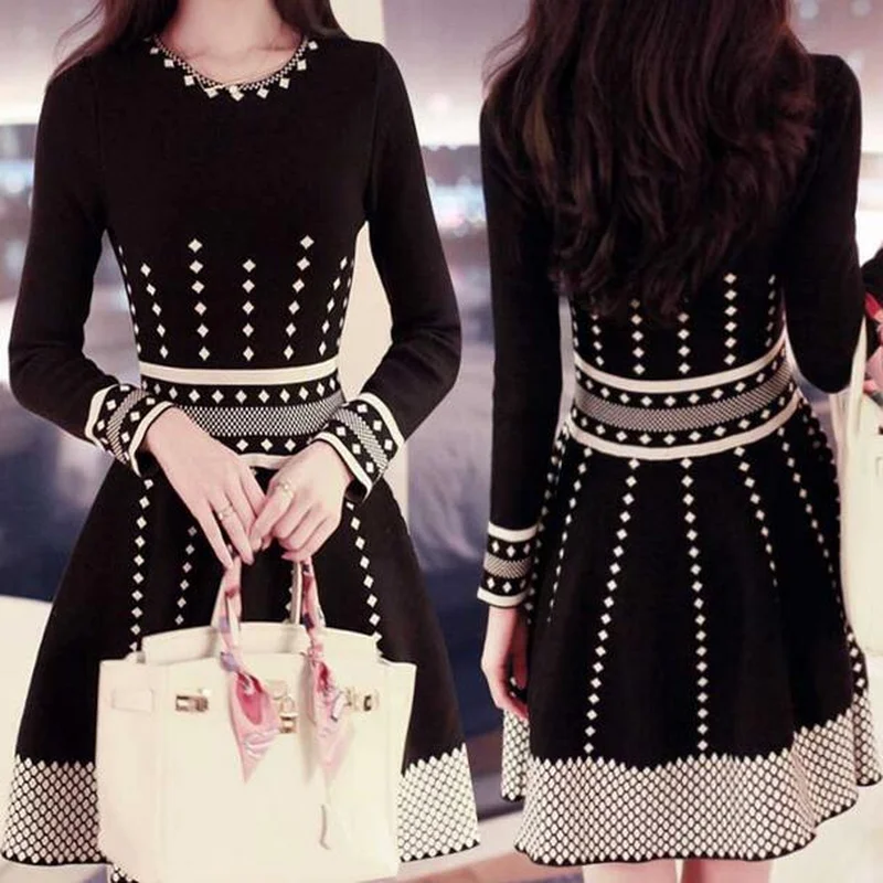 Spring Autumn New Knitted Dress Women O-neck Striped Plaid Knitting Ladies Winter Dresses Pleated Dress Clothing
Spring Autumn New Knitted Dress Women O-neck Striped Plaid Knitting Ladies Winter Dresses Pleated Dress Clothing