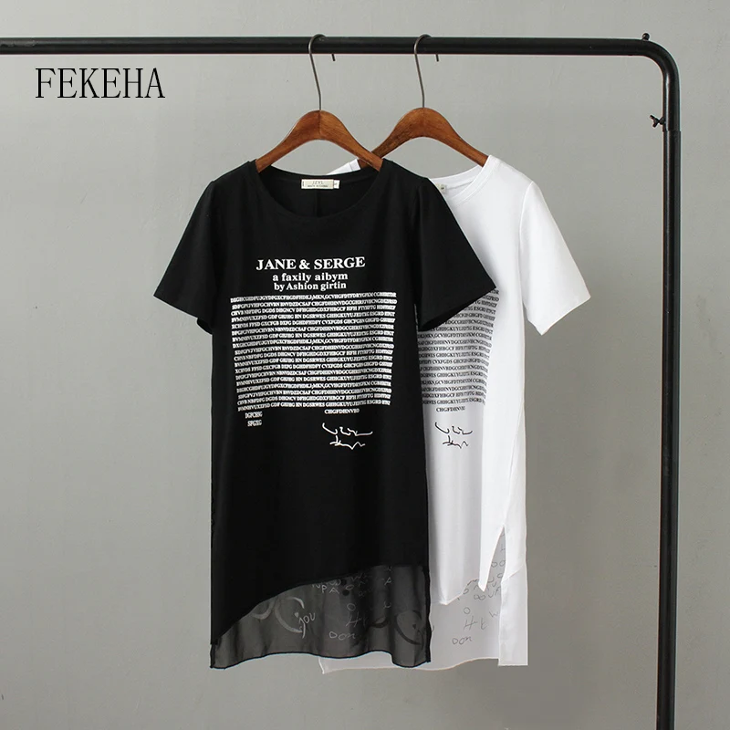 

FEKEHA Summer Long T shirt Women Letter Black White T-shirt Sexy Short Sleeve Thin Women Cotton Tops Tees Female Tshirt