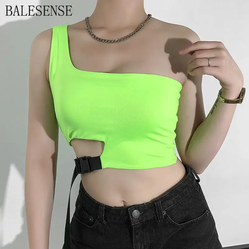 One Shoulder Neon Green Crop Top Patchwork Sleeveless Women Tank Casual Cropped Tops Tees Ladies Streetwear 2019 Short | Женская одежда